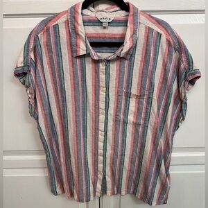 Orvis Women's Linen Blend Striped Button-Down Shirt - Pink, Blue, Green XXL.